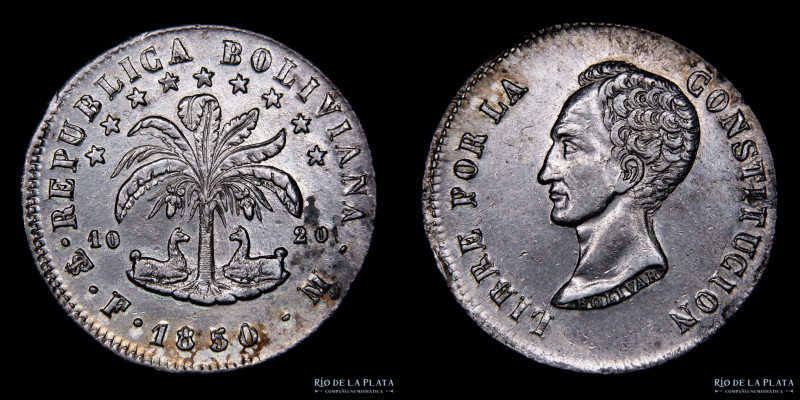 Bolivia. 8 Soles 1850 FM. Simón Bolivar. AG.903, 37.0mm; 27.00g. KM109 (AU) #430...