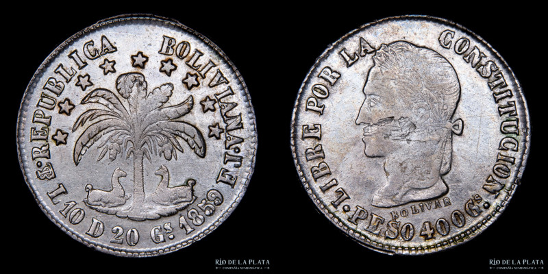 Bolivia. 8 Soles 1859 FJ. Peso. Variedad sin punto entre letras de ensayador. Si...