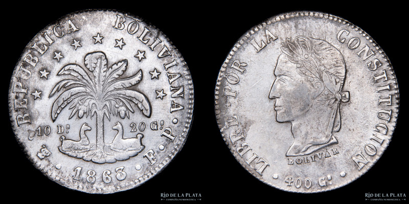 Bolivia. 8 Soles 1863/2 FJ. Simón Bolivar. AG.903, 34.0mm; 20.00g. KM138.6 (XF) ...