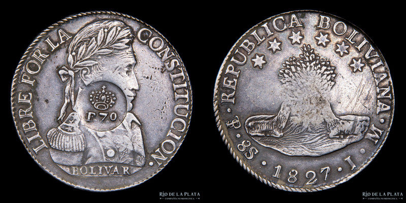 Bolivia 8 Soles / Sueldos 1827 JM. AG.903; 37mm; 26.65g. Moneda auténtica con re...
