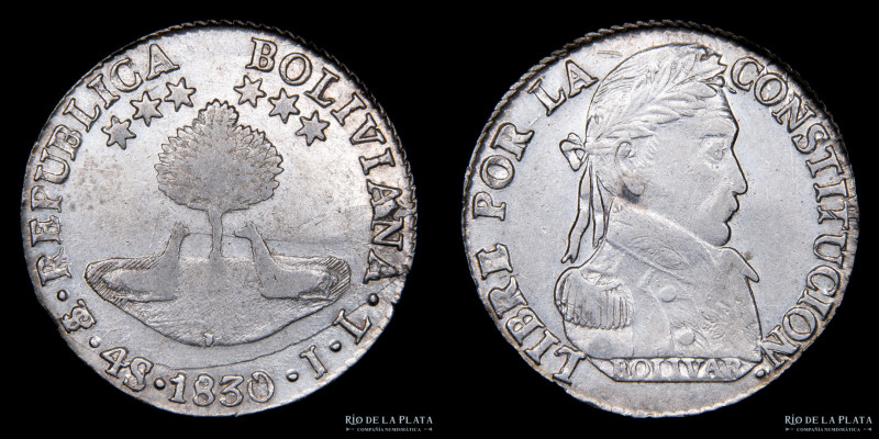 Bolivia. 4 Soles 1830 JL. Marca de ceca adicional bajo isla. Simón Bolivar. AG.6...