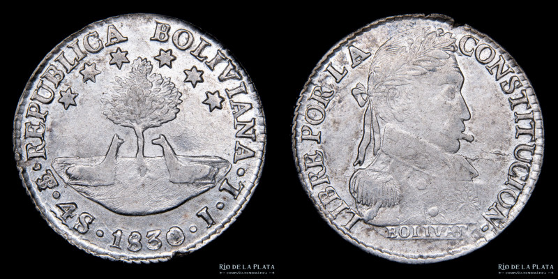 Bolivia. 4 Soles 1830 JL. Marca de ceca adicional alta en la base del árbol. Sim...