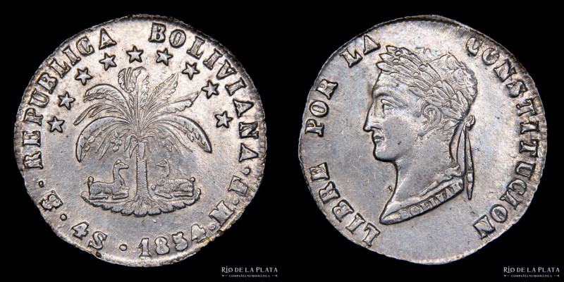 Bolivia. 4 Soles 1854 MF. AG.667; 32mm; 13.41g. KM123.2 (UNC) #219

Estimate: ...