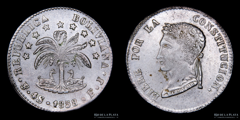 Bolivia. 4 Soles 1858 FJ AG.667; 32mm; 13.68g. KM123.2 (UNC) #295

Estimate: U...