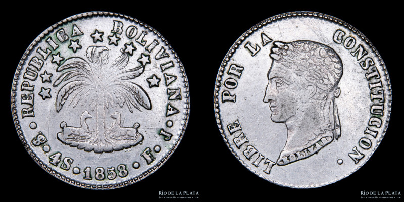 Bolivia. 4 Soles 1858 FJ AG.667; 32mm; 13.99g. KM123.2 (XF) Limpiada #303

Est...