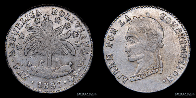 Bolivia. 4 Soles 1857 P en PAZ. La Paz Mint. Busto laureado tipo "La Paz Crude"....