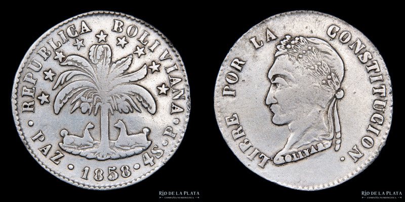 Bolivia. 4 Soles 1858 P en PAZ. La Paz Mint. Busto laureado tipo "La Paz Crude"....