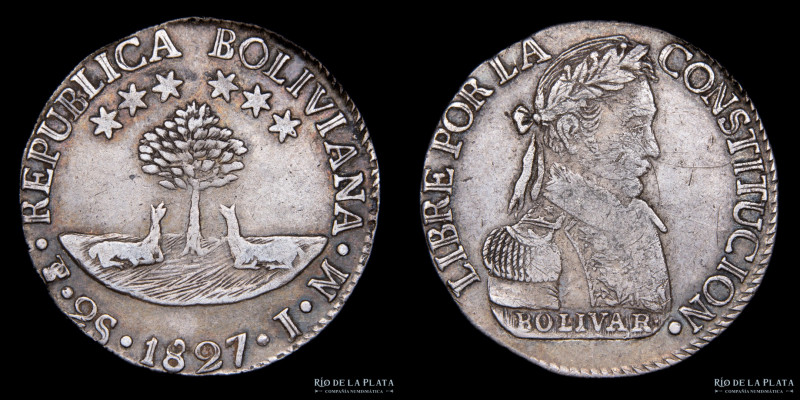 Bolivia. 2 Soles / Sueldos 1827 JM. AG.903; 25mm; 6.74g. Muy escasa. KM95 (VF) #...