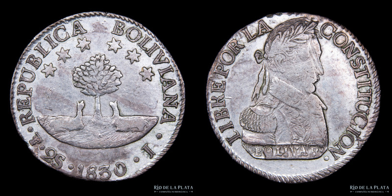 Bolivia. 2 Soles 1830 J. AG.667; 25mm; 6.47g. Muy escasa. KM95a (VF) Raya sobre ...