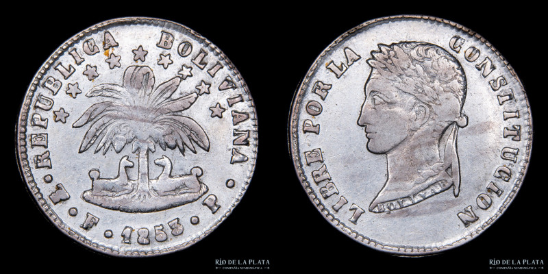 Bolivia. 2 Soles 1853 FP. Sin denominación. AG.667; 25mm; 6.60g. KM121.1 (VF+) #...