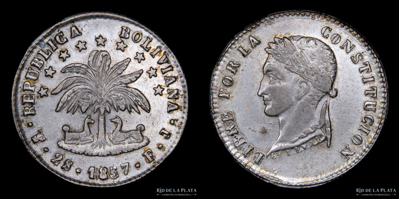 Bolivia. 2 Soles 1857 FJ. AG.667; 25mm; 6.99g. KM121.2 (UNC) #118

Estimate: U...