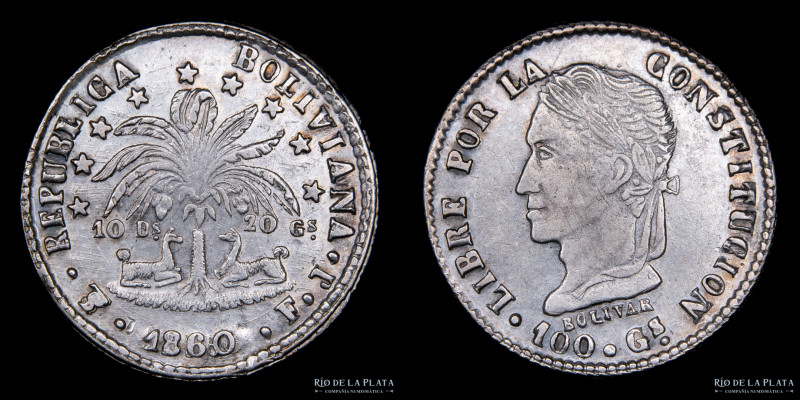 Bolivia. 2 Soles 1860/60 FJ. Catalogada en Krause WC como "Error 6 over smaller ...