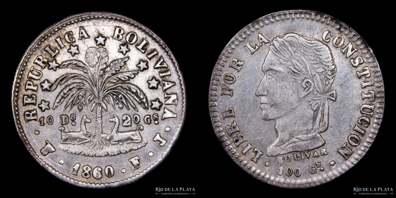 Bolivia. 2 Soles 1860 FJ. AG.903; 24mm; 5.05g. KM135.2 (XF+) #122

Estimate: U...