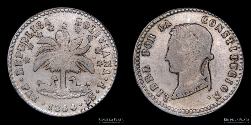 Bolivia. 2 Soles 1854 F. La Paz Mint. Busto laureado tipo "Potosi Style". AG.667...