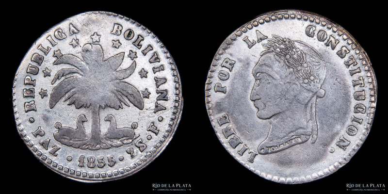 Bolivia. 2 Soles 1854 F. La Paz Mint. Busto laureado tipo "La Paz Crude". AG.667...