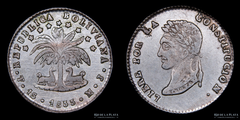 Bolivia. 1 Sol 1855 MJ. AG.667; 20mm; 3.56g. KM119.2 (XF) #69

Estimate: USD 3...