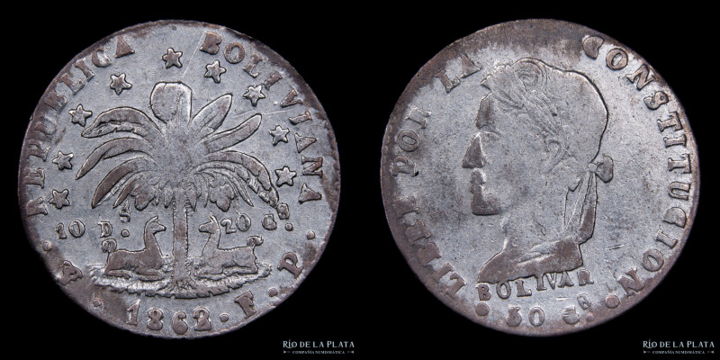 Bolivia. 1 Sol 1862/1 FP. AG.667; 20mm; 2.47g. KM134.2 (VF) #83

Estimate: USD...