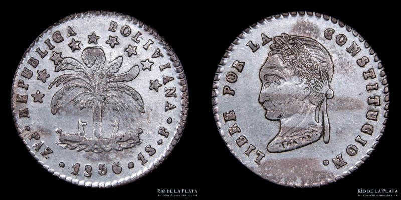 Bolivia. 1 Sol 1856 P. La Paz Mint. Busto laureado tipo "La Paz Crude". AG.667; ...