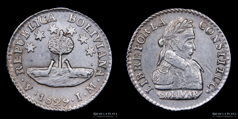 Bolivia. 1/2 Sol / Sueldo 1829 JM. "CONSTITUC." AG.903; 17mm; 1.64g. Muy escasa....