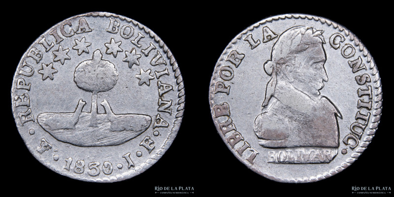 Bolivia. 1/2 Sol 1830 JF. AG.667; 17mm; 1.69g. KM93.2a (VF) #6

Estimate: USD ...