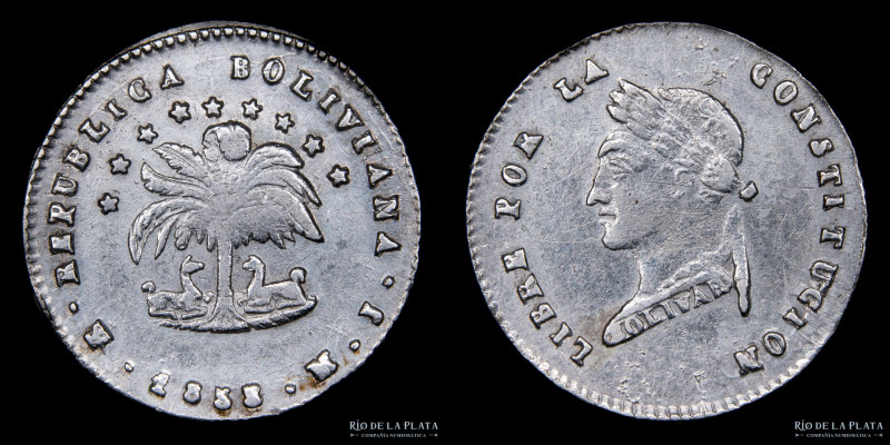 Bolivia. 1/2 Sol 1855 MJ. Sin denominación facial. AG.667; 17mm; 1.77g. KM118.1 ...