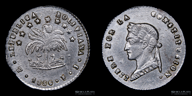 Bolivia. 1/2 Sol 1856 FJ. Sin denominación facial. AG.667; 17mm; 1.64g. KM118.1 ...