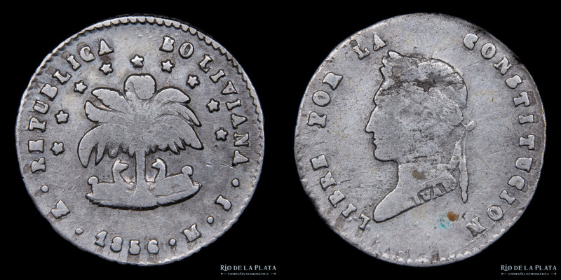 Bolivia. 1/2 Sol 1856 FJ. Sin denominación facial. AG.667; 17mm; 1.55g. KM118.1 ...