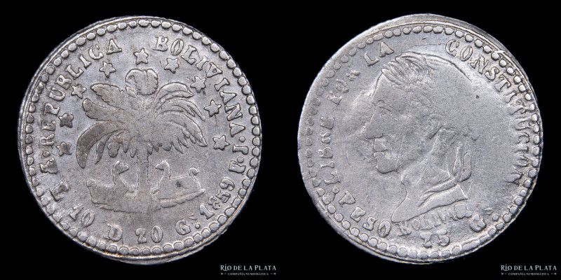 Bolivia. 1/2 Sol 1858/7 FJ. Con peso. AG.903; 17mm; 1.20g. KM133.2 (VF) #39

E...