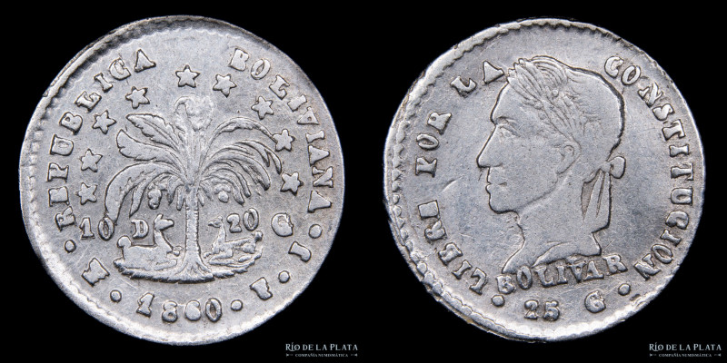 Bolivia. 1/2 Sol 1860 FJ. AG.903; 17mm; 1.26g. KM133.2 (VF) #40

Estimate: USD...
