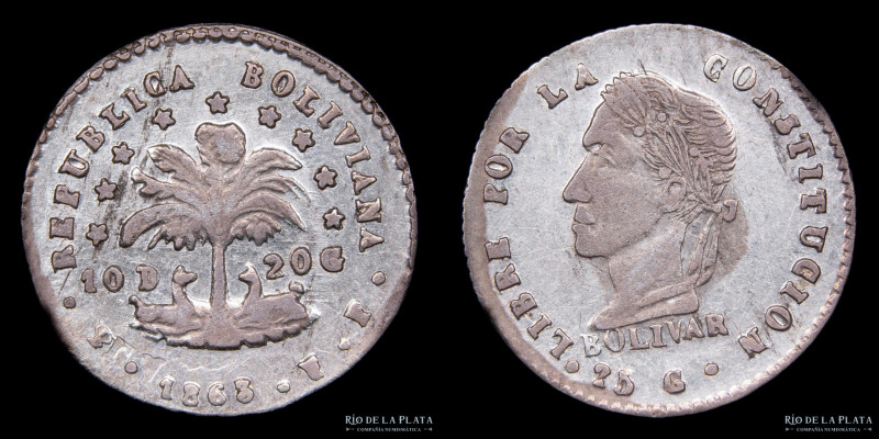 Bolivia. 1/2 Sol 1863 FP. AG.903; 17mm; 1.31g. KM133.2 (VF) #49

Estimate: USD...