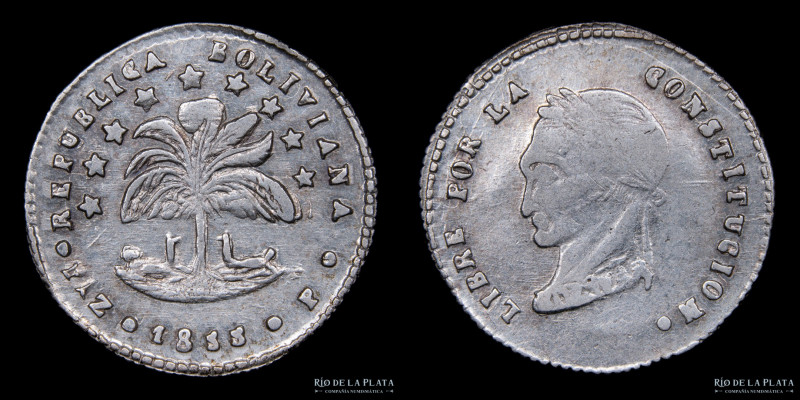 Bolivia. 1/2 Sol 1855 F. La Paz Mint. Busto laureado tipo "La Paz Crude". AG.667...