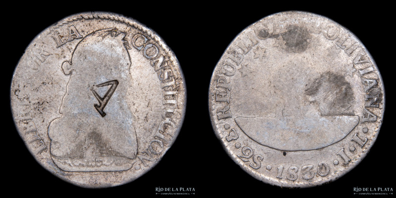 Bolivia. 2 Soles 1830 JL. Con resello en forma similar a letra A o número 4. AG....