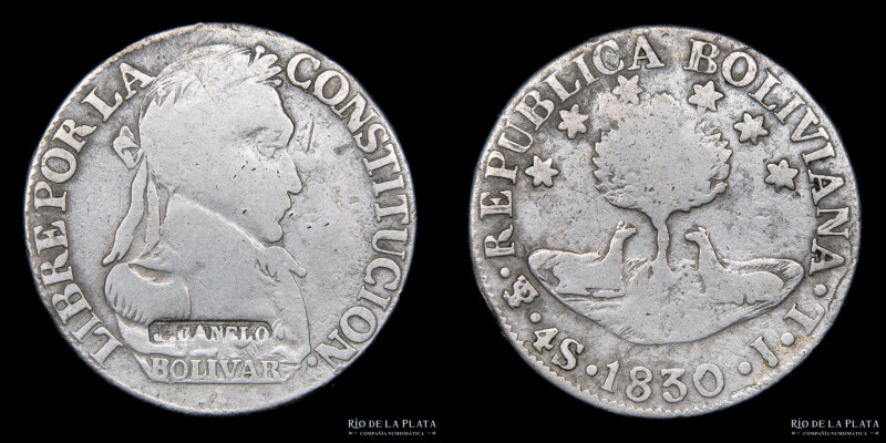 Bolivia. 4 Soles 1830 JL. Falsa con resello "J. CANELO". Plata baja; 31mm; 13.45...