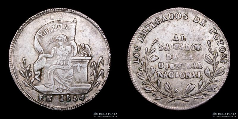 Bolivia 1 Sol 1854. Medalla Monetaria. AG.900; 20mm; 3.28g. LOS EMPLEADOS DE POT...