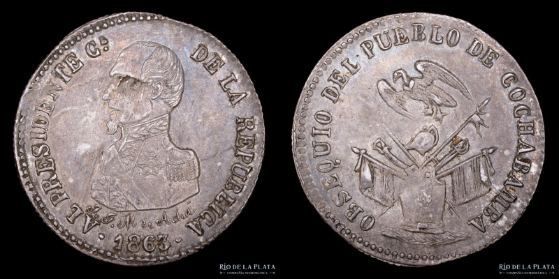 Bolivia. 1.5 Soles 1863. Medalla Monetaria. AG.900; 24mm; 5.06g. Primer Aniversa...