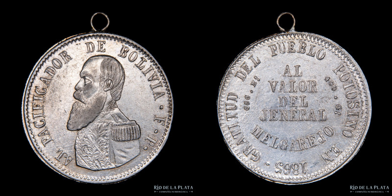 Bolivia. 1 Melgarejo 1865 FP. AG.666; 36mm; 19.95g. KM146 (XF) Con aro soldado a...