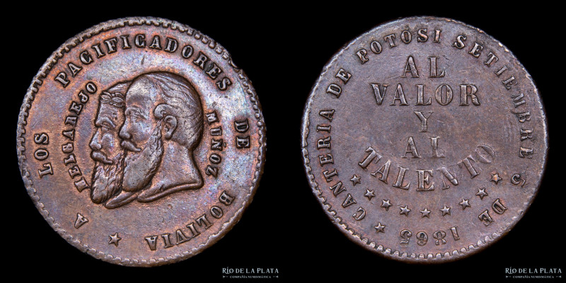 Bolivia. Ensayo. 1/2 Melgarejo 1865. Cobre. CU; 30mm; 10.01g. (XF+) KMPn6 #526
...