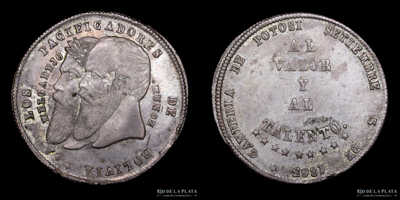 Bolivia. 1/4 Melgarejo 1865. AG.666; 25mm; 4.95g. (UNC). KM144

Estimate: USD ...