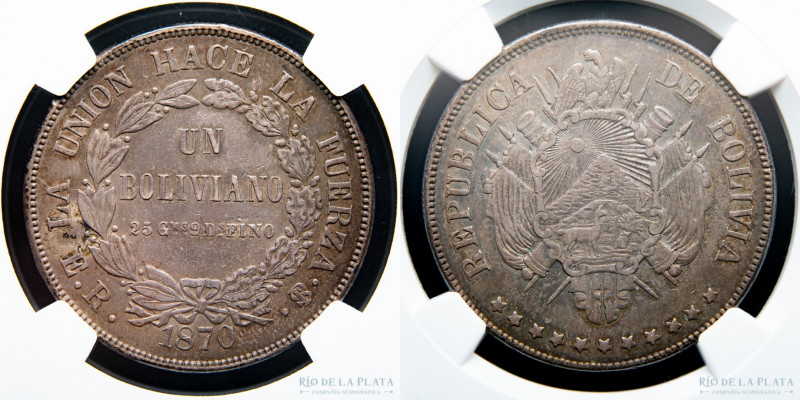 Bolivia. 1 Boliviano 1870 ER. 11 Estrellas, 4 hojas y 25gms. Graduada por NGC AU...