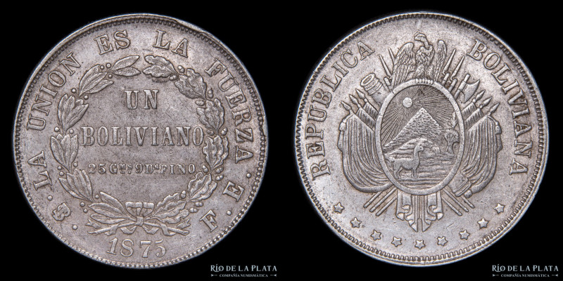 Bolivia. 1 Boliviano 1875 FE. AG.900; 37mm; 25g. KM155.4 (XF)

Estimate: USD 3...