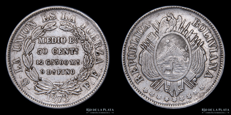 Bolivia. 50 Centavos 1873 FE. Primer año de la serie. Muy escasaAG.900; 30mm; 12...