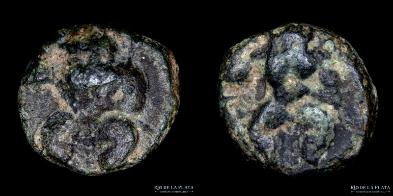 Hispania, Ebusus (Ibiza). Siglo III a.C. AE 1/8 de unidad. 9.0mm; 1.12g. A: Bes ...