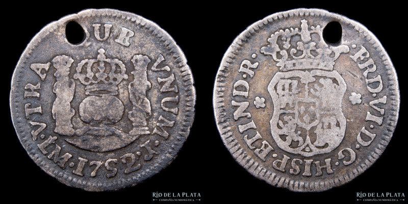 Lima. Fernando VI. 1/2 Real 1752/1 J. Sobrefecha escasa. AG.917; 16mm; 1.55g. KM...