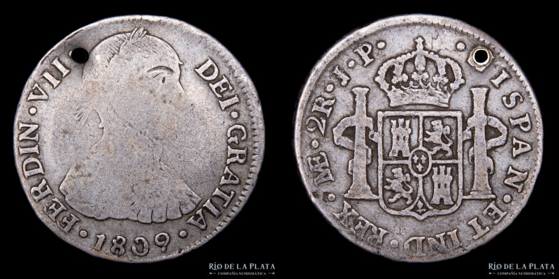 Lima. Fernando VII. 2 Reales 1809 JP. Busto indígena. Sin precio en Krause, marc...