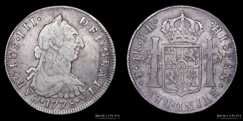 Potosí. Carlos III (1759-1788) 4 Reales 1778 PR (Ensayadores Pedro Mazondo, Raym...