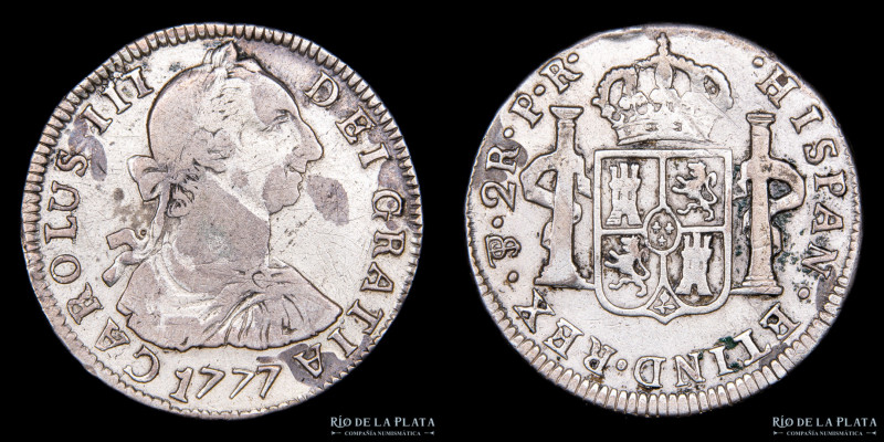 Potosí. Carlos III (1759-1788) 2 Reales 1777 PR. Sin puntos en leyendas de anver...