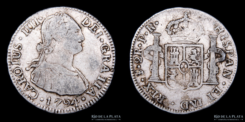 Potosí. Carlos IV (1788-1808) 2 Reales 1794 JR. (José de Vargas y Flor, Raymundo...