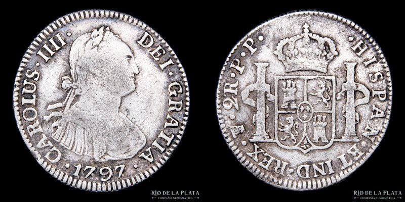 Potosí. Carlos IV (1788-1808) 2 Reales 1797 PP (Pedro Mazondo, Pedro Martín Albi...