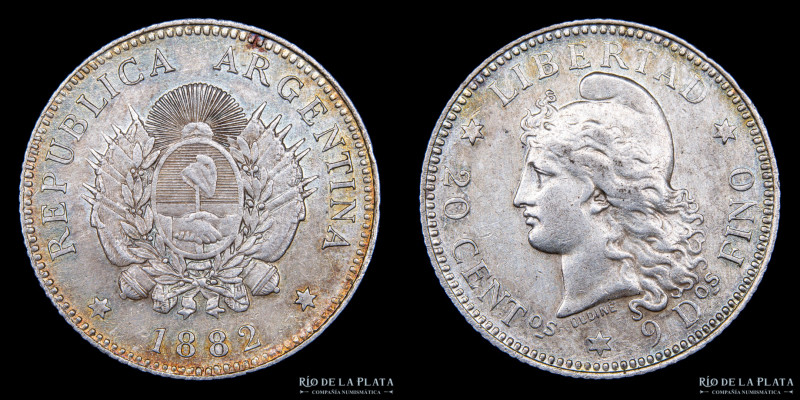 Argentina. 20 Centavos 1882. AG.900, 23.3mm; 5.00g. Buenos Aires mint. CJ 18.1; ...