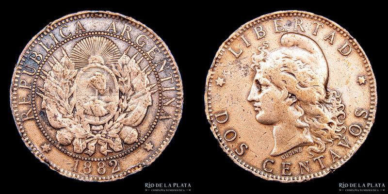 Argentina. 2 Centavos 1882. Buenos Aires mint. CU; 30.0mm; 10.00g.Fecha Escasa (...